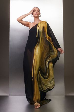 KAFTAN UM OMBRO SÓ YUKIO - PRETO E DOURADO