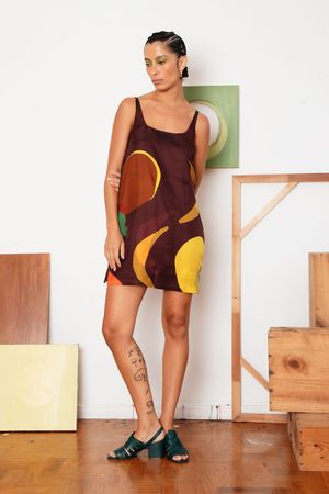 VESTIDO MINI ALCINHA TWILL SEDA MARINA CECCHI - MARROM