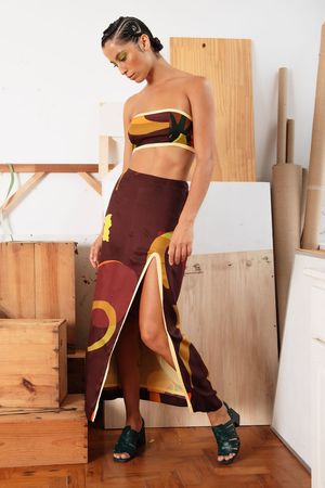 SAIA LONGA FENDA TWILL MARINA CECCHI - MARROM