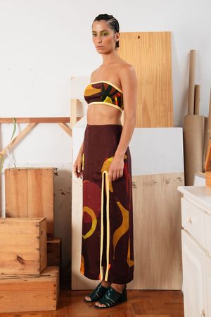 SAIA LONGA FENDA TWILL MARINA CECCHI - MARROM