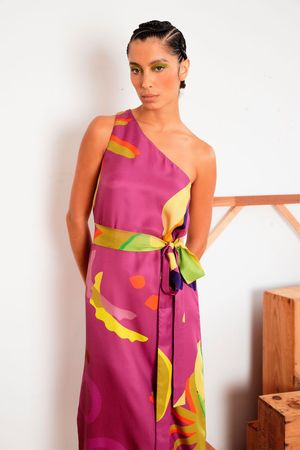 VESTIDO UM OMBRO TWILL SEDA MARINA CECCHI - LILAS