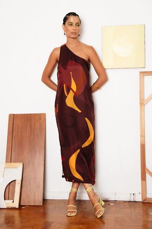 VESTIDO UM OMBRO TWILL SEDA MARINA CECCHI - MARROM