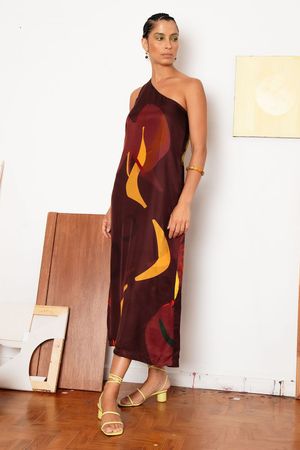 VESTIDO UM OMBRO TWILL SEDA MARINA CECCHI - MARROM